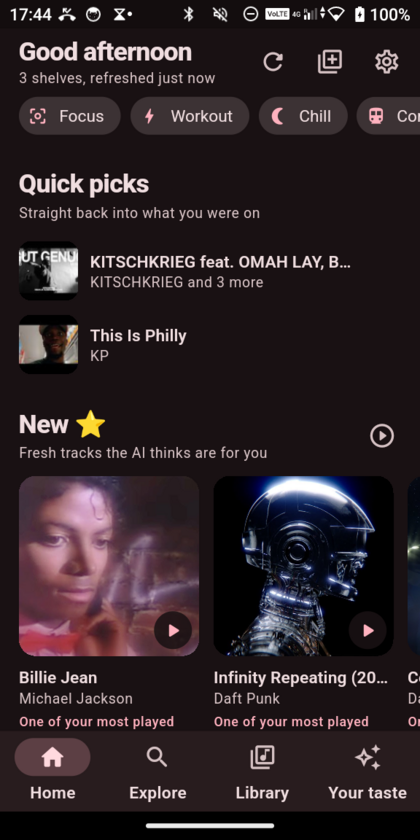 TuneBox home screen with quick picks and shelves