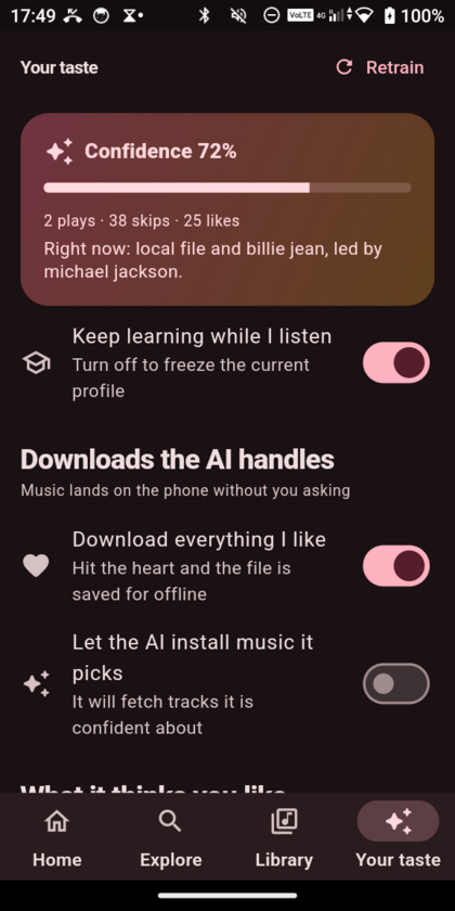 TuneBox taste page showing confidence and controls